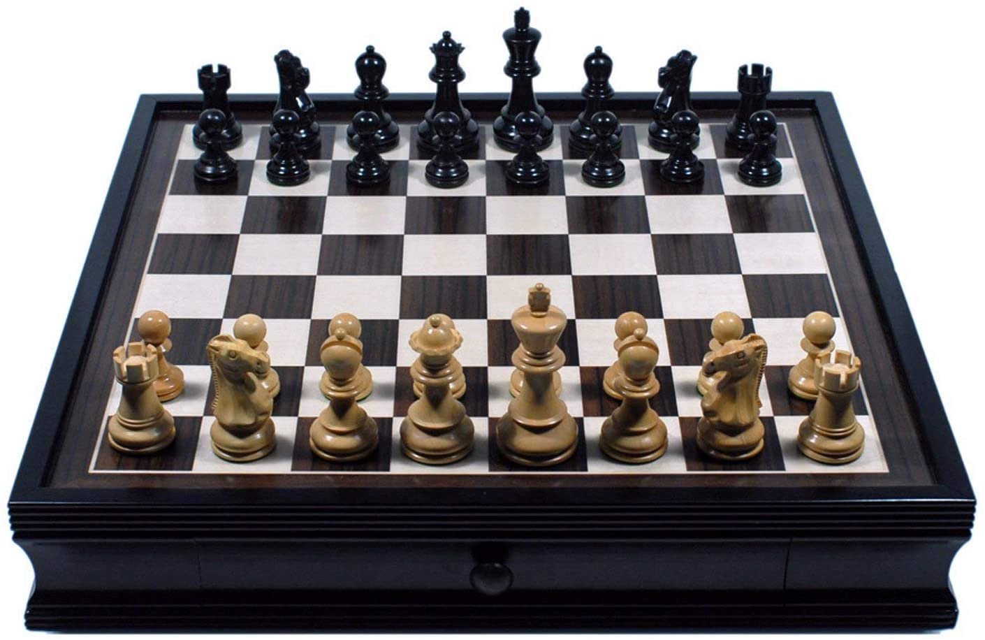 Grand English Style Chess Set with Storage Drawers - Pieces are Tournament Sized and Hand Carved with Black Stained Wood Board.